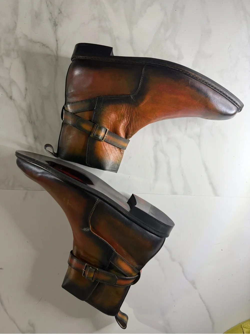 Men's Distressed Leather Harness Boots - Multi-Tone Brown